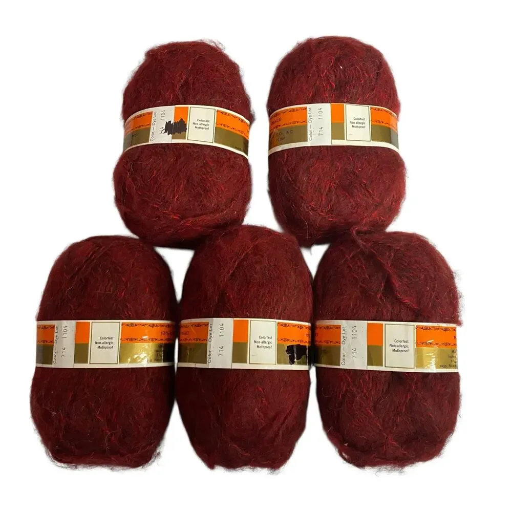Unger Fluffy Tweed Yarn Red 714 Acrylic France Lot 5 Skeins Vintage DIY Kit